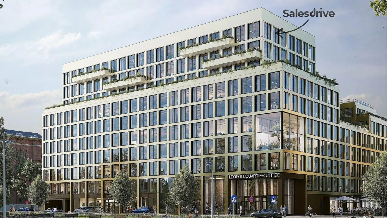 Architektur-Render des Leopoldquartier Office in Wien, im obersten Stock ist das SalesDrive-Büro markiert